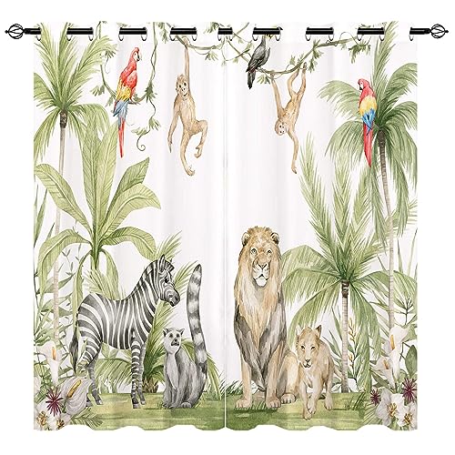 YUANZU Afrikanische Tier Vorhänge Safari Dschungel Löwe Zebra Affen Papageien Palmen Blumen Ösen Gardinen mit Blickdichte Vorhang Blackout Curtain Kinderzimmer Schlafzimmer 2 Stück, H 114 x B 132 cm von YUANZU