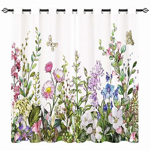 YUANZU Aquarell Vorhänge Sommer Blume Blatt Schmetterling Ösen Gardinen mit Blickdichte Thermo Vorhang Kälteschutz Blackout Curtain Mädchenzimmer Verdunkelung Fenster, 2 Stück, H 137 x B 132 cm von YUANZU