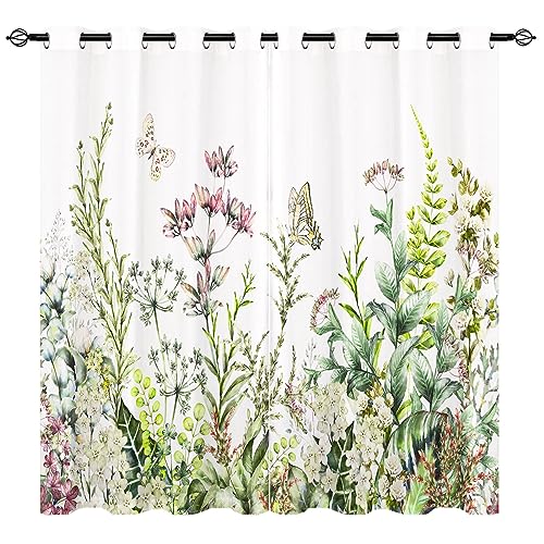 YUANZU Blumen Vorhänge Bunte Border Kräuter und Schmetterling Ösen Gardinen mit Blickdichte Thermo Vorhang Kälteschutz Blackout Curtain Mädchenzimmer Verdunkelung Fenster, 2 Stück, H 213 x B 200 cm von YUANZU