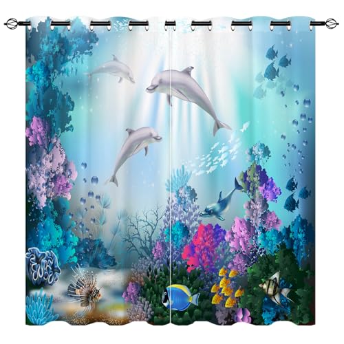 YUANZU Delphin Vorhänge Kinder Ozean Unterwasser Fische Meer Ösen Gardinen mit Blickdichte Vorhang Kälteschutz Blackout Curtain Wohnzimmer Schlafzimmer Verdunkelung Fenster, 2 Stück, H 200 x B 140 cm von YUANZU