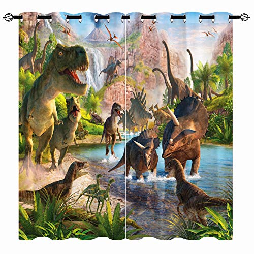 YUANZU Dinosaurier Vorhänge Jungen Dschungeltiere Ösen Gardinen mit Blickdichte Thermo Vorhang Kälteschutz Blackout Curtain Kinderzimmer Schlafzimmer Verdunkelung Fenster, 2 Stück, H 137 x B 132 cm von YUANZU