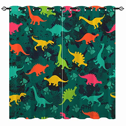 YUANZU Dinosaurier Vorhänge Kinder Jungen Dino Tier Ösen Gardinen mit Blickdichte Thermo Vorhang Kälteschutz Blackout Curtain Kinderzimmer Schlafzimmer Verdunkelung Fenster, 2 Stück, H 160 x B 106 cm von YUANZU