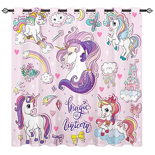 YUANZU Einhorn Vorhänge Kinder Regenbogen Tier Druck Ösen Gardinen mit Blickdichte Vorhang Kälteschutz Blackout Curtain Mädchenzimmer Schlafzimmer Verdunkelung Fenster, 2 Stück, H 160 x B 106 cm von YUANZU