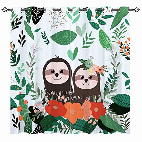 YUANZU Faultier Vorhänge Kinder Blume Tropisch Natur Ösen Gardinen mit Blickdichte Vorhang Kälteschutz Blackout Curtain Kinderzimmer Schlafzimmer Verdunkelung Fenster, 2 Stück, H 137 x B 132 cm von YUANZU