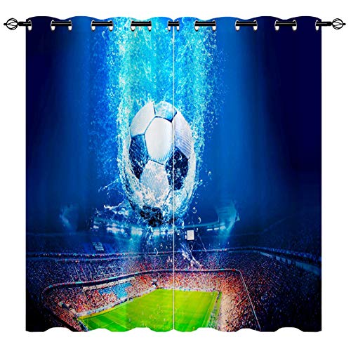 YUANZU Fußball Sportfeld Vorhänge Blaue 3D Muster Ösen Gardinen mit Blickdichte Thermo Vorhang Kälteschutz Blackout Curtain Kinderzimmer Schlafzimmer Verdunkelung Fenster, 2 Stück, H 137 x B 132 cm von YUANZU