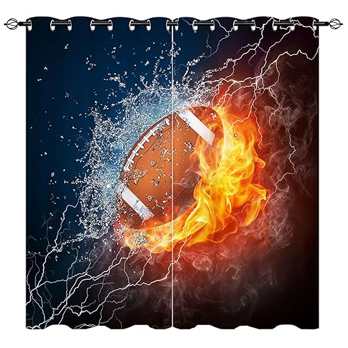 YUANZU Fußball Vorhänge American Football Ball in Feuer und Wasser Ösen Gardinen mit Blickdichte Vorhang Blackout Curtain Kinderzimmer Schlafzimmer Verdunkelung Fenster, 2 Stück, H 229 x B 168 cm von YUANZU