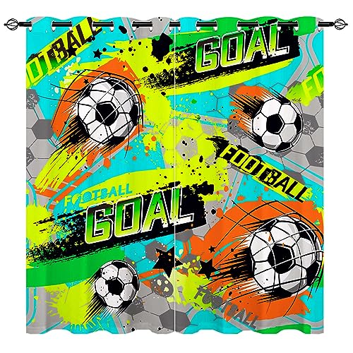 YUANZU Fußball Vorhänge Kinder Jungen Sport Grunge Ball Ösen Gardinen mit Blickdichte Vorhang Kälteschutz Blackout Curtain Kinderzimmer Schlafzimmer Verdunkelung Fenster, 2 Stück, H 200 x B 140 cm von YUANZU