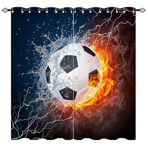 YUANZU Fußball Vorhänge Soccer Ball in Feuer und Wasser Ösen Gardinen mit Blickdichte Vorhang Kälteschutz Blackout Curtain Kinderzimmer Schlafzimmer Verdunkelung Fenster, 2 Stück, H 213 x B 200 cm von YUANZU