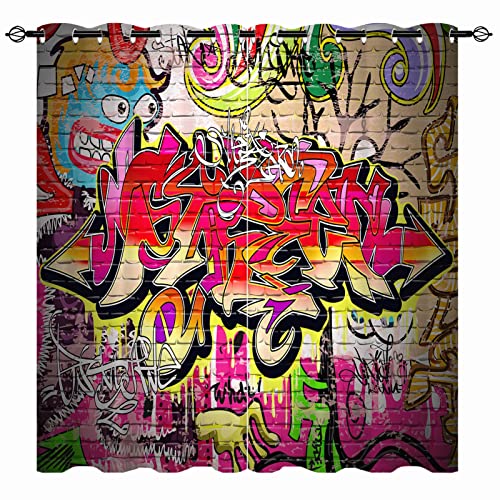 YUANZU Graffiti Vorhänge Bunt Hip-Hop Doodle Hippie Ösen Gardinen mit Blickdichte Thermo Vorhang Kälteschutz Blackout Curtain Kinderzimmer Schlafzimmer Verdunkelung Fenster, 2 Stück, H 245 x B 140 cm von YUANZU