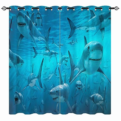 YUANZU Hai Vorhänge Ozean Weißer Hai Tiefsee Unterwasser Ösen Gardinen mit Blickdichte Thermo Kälteschutz Blackout Curtain Kinderzimmer Schlafzimmer Verdunkelung Fenster, 2 Stück, H 114 x B 132 cm von YUANZU