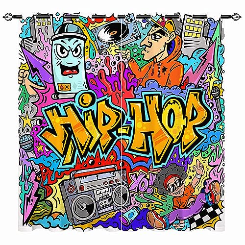 YUANZU Hippie Vorhänge Kinder Bunte Hip Hop Graffiti Doodle Ösen Gardinen mit Blickdichte Vorhang Kälteschutz Blackout Curtain Kinderzimmer Schlafzimmer Verdunkelung Fenster, 2 Stück, H 160 x B 106 cm von YUANZU