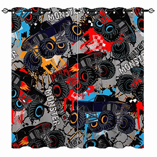 YUANZU Jungen Vorhänge Kinder Monster Truck Ösen Gardinen mit Blickdichte Thermo Vorhang Kälteschutz Blackout Curtain Kinderzimmer Schlafzimmer Verdunkelung Fenster, 2 Stück, H 160 x B 106 cm von YUANZU