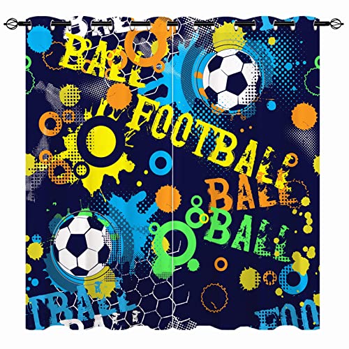 YUANZU Jungen Vorhänge Kinder Sport Fußball Buntes Ösen Gardinen mit Blickdichte Thermo Vorhang Kälteschutz Blackout Curtain Kinderzimmer Schlafzimmer Verdunkelung Fenster, 2 Stück, H 114 x B 132 cm von YUANZU