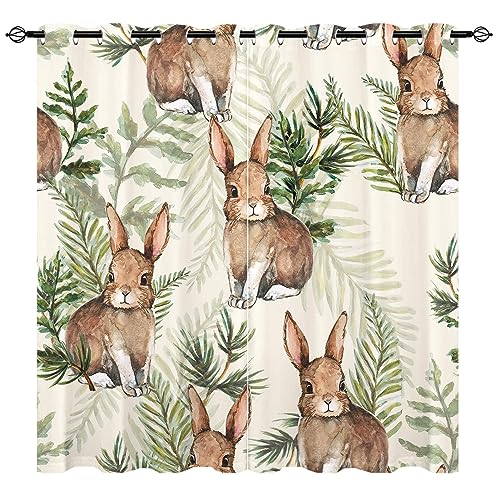 YUANZU Kaninchen Vorhänge Kinder Blatt Aquarell Wald Hase Ösen Gardinen mit Blickdichte Vorhang Kälteschutz Blackout Curtain Wohnzimmer Schlafzimmer Verdunkelung Fenster, 2 Stück, H 160 x B 106 cm von YUANZU