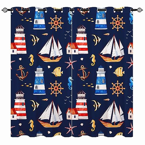 YUANZU Kinder Nautische Vorhänge Seestern Anker Fisch Ösen Gardinen mit Blickdichte Vorhang Kälteschutz Blackout Curtain Kinderzimmer Schlafzimmer Verdunkelung Fenster, 2 Stück, H 213 x B 132 cm von YUANZU