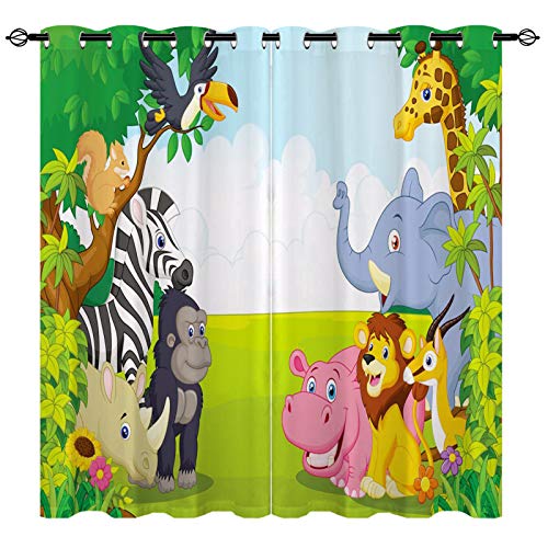 YUANZU Kinder Vorhänge Dschungeltiere 3D-Muster Ösen Gardinen mit Blickdichte Thermo Vorhang Kälteschutz Blackout Curtain Kinderzimmer Schlafzimmer Verdunkelung Fenster, 2 Stück, H 160 x B 106 cm von YUANZU