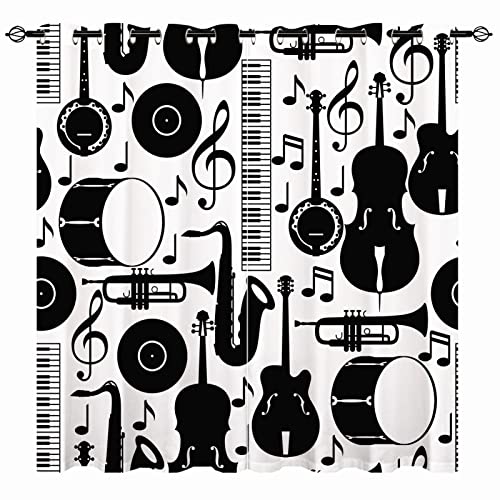 YUANZU Musik Vorhänge Jazz Musik Schwarz Weiß Anmerkung Ösen Gardinen mit Blickdichte Vorhang Kälteschutz Blackout Curtain Kinderzimmer Schlafzimmer Verdunkelung Fenster, 2 Stück, H 245 x B 140 cm von YUANZU