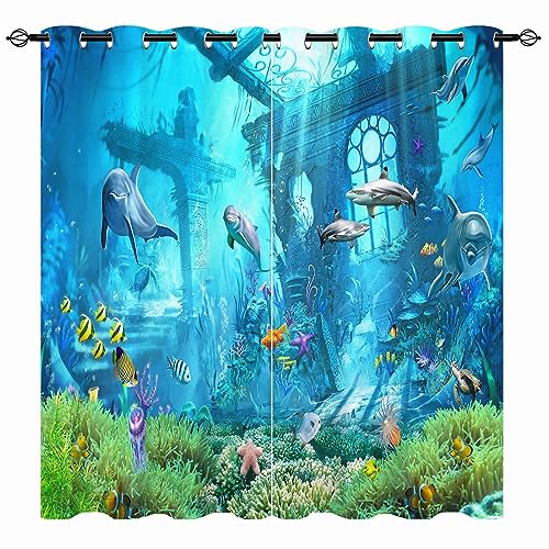 YUANZU Ozean Vorhänge Unterwasser Tiere Marine Leben Delfin Ösen Gardinen mit Blickdichte Vorhang Kälteschutz Blackout Curtain Kinderzimmer Schlafzimmer Verdunkelung Fenster, 2 Stück, H 137 x B 132 cm von YUANZU