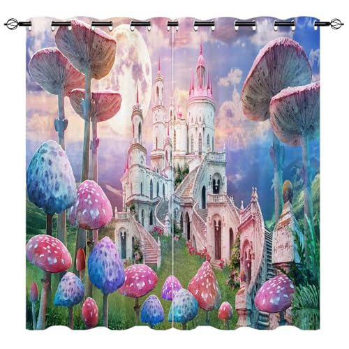 YUANZU Pilze Schloss Vorhänge Mädchen Landschaft Muster Ösen Gardinen mit Blickdichte Vorhang Kälteschutz Blackout Curtain Kinderzimmer Schlafzimmer Verdunkelung Fenster, 2 Stück, H 160 x B 106 cm von YUANZU