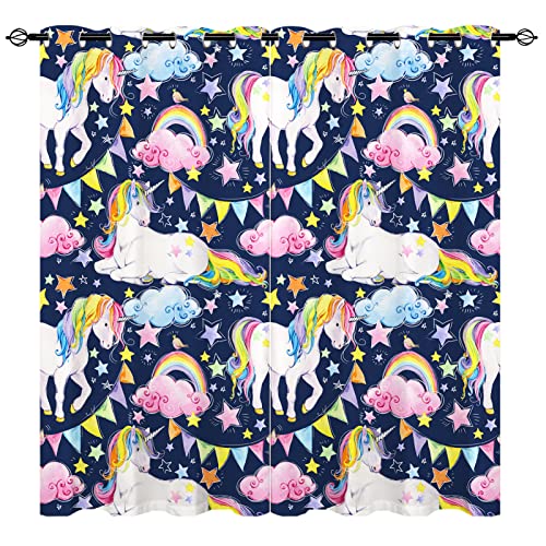 YUANZU Regenbogen Einhorn Vorhänge Kinder Wolken Sterne Ösen Gardinen mit Blickdichte Vorhang Kälteschutz Blackout Curtain Kinderzimmer Schlafzimmer Verdunkelung Fenster, 2 Stück, H 245 x B 140 cm von YUANZU