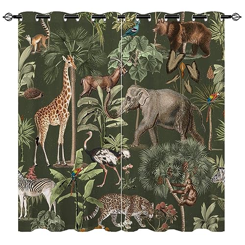 YUANZU Safari Wild Tier Vorhänge Bär Giraffe Dschungel Ösen Gardinen mit Blickdichte Vorhang Kälteschutz Blackout Curtain Kinderzimmer Schlafzimmer Verdunkelung Fenster, 2 Stück, H 137 x B 132 cm von YUANZU