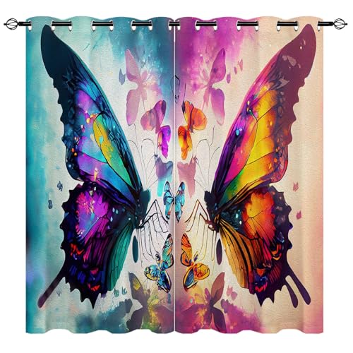 YUANZU Schmetterling Vorhänge Mädchen Abstract Farbenfroh Ösen Gardinen mit Blickdichte Vorhang Kälteschutz Blackout Curtain Mädchenzimmer Schlafzimmer Verdunkelung Fenster, 2 Stück, H 160 x B 106 cm von YUANZU