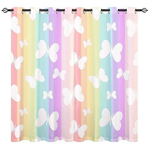 YUANZU Schmetterling Vorhänge Mädchen Regenbogen Streifen Ösen Gardinen mit Blickdichte Vorhang Kälteschutz Blackout Curtain Mädchenzimmer Schlafzimmer Verdunkelung Fenster, 2 Stück, H 114 x B 132 cm von YUANZU