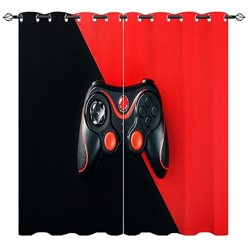 YUANZU Schwarzes Gamepad Vorhänge Gaming Schwarzer Roter Hintergrund Ösen Gardinen mit Blickdichte Vorhang Kälteschutz Blackout Curtain Kinderzimmer Verdunkelung Fenster, 2 Stück, H 160 x B 106 cm von YUANZU