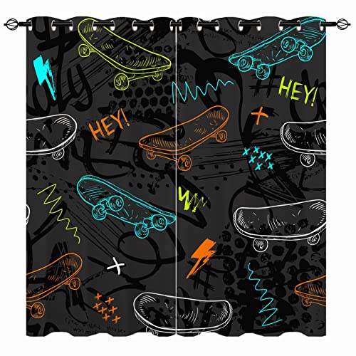 YUANZU Skateboard Vorhänge Kinder Jungs Grunge Sport Ösen Gardinen mit Blickdichte Vorhang Kälteschutz Blackout Curtain Kinderzimmer Schlafzimmer Verdunkelung Fenster, 2 Stück, H 160 x B 106 cm von YUANZU