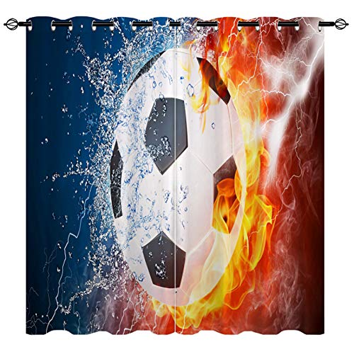 YUANZU Sport Vorhänge Fußball Bälle Auf Feuer Wasser Ösen Gardinen mit Blickdichte Thermo Vorhang Kälteschutz Blackout Curtain Kinderzimmer Schlafzimmer Verdunkelung Fenster, 2 Stück, H 229 x B 168 cm von YUANZU