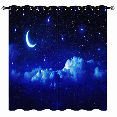 YUANZU Sternen Mond Vorhänge Sommer Blauer Nachthimmel Ösen Gardinen mit Blickdichte Vorhang Kälteschutz Blackout Curtain Kinderzimmer Schlafzimmer Verdunkelung Fenster, 2 Stück, H 114 x B 132 cm von YUANZU