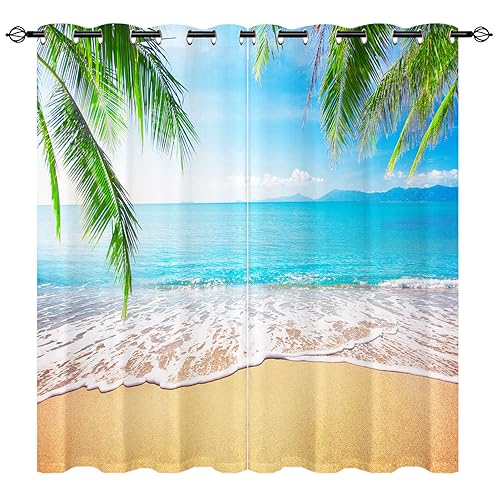 YUANZU Tropischer Vorhänge Palmen Strand Blauer Himmel Weiße Wolken Ösen Gardinen mit Blickdichte Vorhang Blackout Curtain Wohnzimmer Schlafzimmer Verdunkelung Fenster, 2 Stück, H 260 x B 200 cm von YUANZU