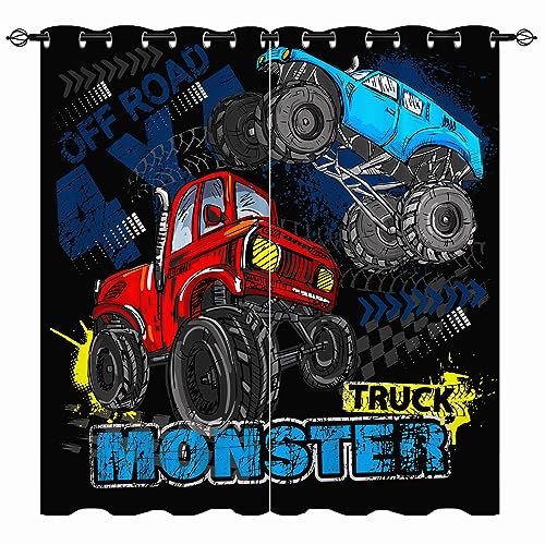 YUANZU Truck Vorhänge Kinder Jungen Blau Rot Monster Truck Ösen Gardinen mit Blickdichte Vorhang Kälteschutz Blackout Curtain Kinderzimmer Schlafzimmer Verdunkelung Fenster, 2 Stück, H 260 x B 140 cm von YUANZU