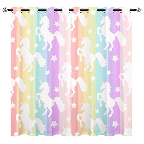 YUANZU Weißes Einhorn Vorhänge Mädchen Regenbogen Streifen Ösen Gardinen mit Blickdichte Vorhang Kälteschutz Blackout Curtain Kinderzimmer Schlafzimmer Verdunkelung Fenster, 2 Stück, H 114 x B 132 cm von YUANZU