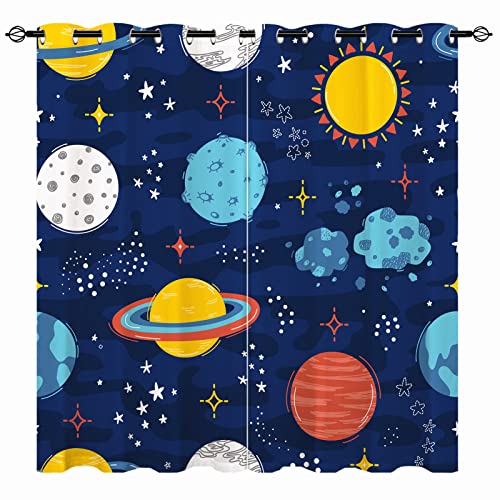 YUANZU Weltraum Vorhänge Kinder Planet Doodle Ösen Gardinen mit Blickdichte Thermo Vorhang Kälteschutz Blackout Curtain Kinderzimmer Schlafzimmer Verdunkelung Fenster, 2 Stück, H 114 x B 132 cm von YUANZU