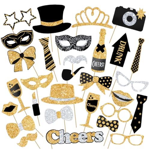 YUBBYSTU 30 Stück Foto Requisiten,Fotobox Accessoires, Foto Booth Props für Geburtstag Hochzeit Abschlussball Neujahr Party Zubehör Mischung mit Hut, Lippenstift, Krawatte, Kronen (Gold) von YUBBYSTU