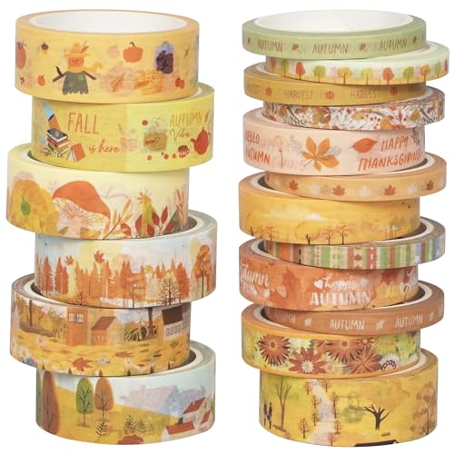 YUBX Herbst Washi Tape Set 18 Rollen Masking Tape Herbstliche bedruckte Verzierung Gelb Dekoratives Klebeband Bunt für DIY Handwerk Bullet Journals Planer Scrapbooking Verpackung von YUBX