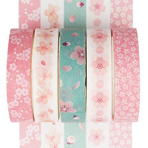 YUBX Mageres Washi Tape Set Masking Tape, 5 Rollen, dekoratives Klebeband für Scrapbooking, Handwerk, Basteln, 10 mm breit (Sakura) von YUBX