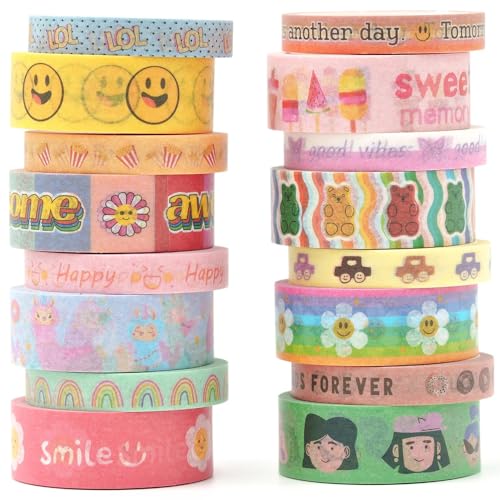 YUBX Niedlich Karikatur Washi Tape Set, 16 Rollen Hell Farben Kawaii Masking Tape Folie Dekoband klebeband bunt für DIY Handwerk Bullet Journals Planer Scrapbooking Verpackung von YUBX