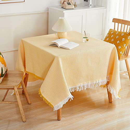 Rechteckige Tischdecke gelb und weiß 90x210cm Tischdecke Rechteckige Tischdecke aus Baumwollleinen mit Quaste abwaschbare Tischdecke für Küchentisch-Buffet-Dekoration von YUCFS