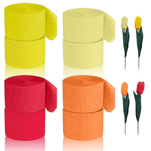 Crepe Papier, 8 Rollen Krepppapier Bunt Bastelkrepp Floristenkrepp Kreppbänder Luftschlangen Dekorationen für Party Deko Hochzeitsdeko, Rot Orange Gelb Hellgelb 4.5cmx25m von YUDAWN