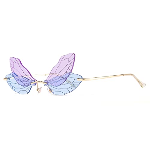 YUELUQU Mode Rimless Dragonfly Schmetterling Flügel Sonnenbrille Party Cosplay niedliche lustige Gläser (Blau Lila) von YUELUQU