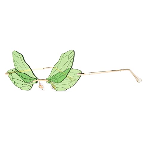 YUELUQU Mode Rimless Dragonfly Schmetterling Flügel Sonnenbrille Party Cosplay niedliche lustige Gläser (Grün) von YUELUQU