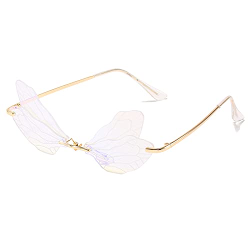 YUELUQU Mode Rimless Dragonfly Schmetterling Flügel Sonnenbrille Party Cosplay niedliche lustige Gläser (Spiegelgrün) von YUELUQU