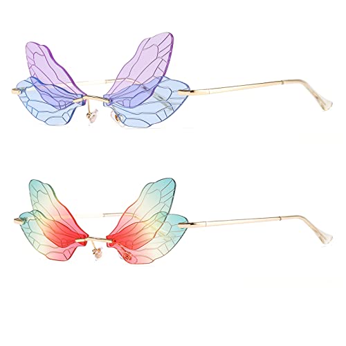 YUELUQU Mode Rimless Dragonfly Schmetterling Flügel Sonnenbrille Party Cosplay niedliche lustige Gläser (Tricolor+Blau Lila) von YUELUQU