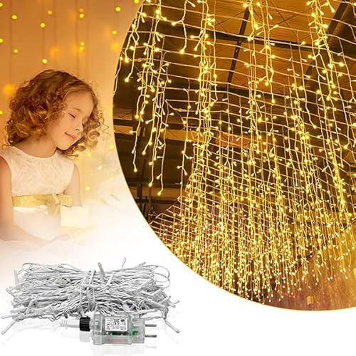 YUENFONG LED Lichtervorhang Lichterkette Eisregen 5M 200 LEDs Lichterketten 8 Modi mit Stecker IP44 Wasserdicht, für Weihnachtsbeleuchtung Hochzeit Garten Dekoration(5M, Warmweiß) von YUENFONG