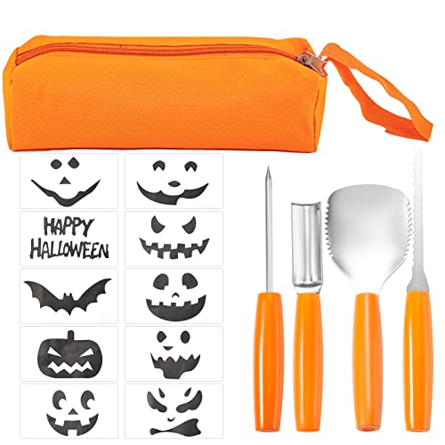 YUET Halloween Kürbis Schnitzset, 4 Stück Kürbis Schnitzen Set DIY Halloween Dekoration Edelstahl und 6 Stück Schnitzvorlagen, Kürbis Schnitzwerkzeuge mit Tragetasche für Kinder und Familie von YUET