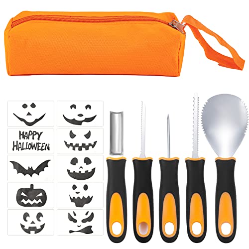 YUET Halloween Kürbis Schnitzset, 5 Stück Kürbis Schnitzen Set DIY Halloween mit Vorlagen Dekoration Edelstahl Kürbis Schnitzwerkzeuge mit Tragetasche für Kinder und Familie von YUET