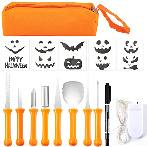 YUET Halloween Kürbis Schnitzset, 8 Stück Kürbis Schnitzen Edelstahl Set DIY Halloween Dekoration und 6 Stück Schnitzvorlagen, Kürbis Schnitzwerkzeuge mit Tragetasche für Kinder und Familie von YUET