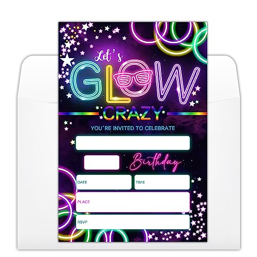 YUEXLL Neon Glow Geburtstagsparty-Einladungskarten mit Umschlägen, Let's Glow Crazy Party-Einladungen, Geburtstagsparty-Zubehör, doppelseitige Einladungen für Jungen und Mädchen, A16 von YUEXLL